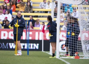 USWNT goalkeepers coach Paul Rogers talks to his charges during practice at Crew Stadium in Columbus, OH.